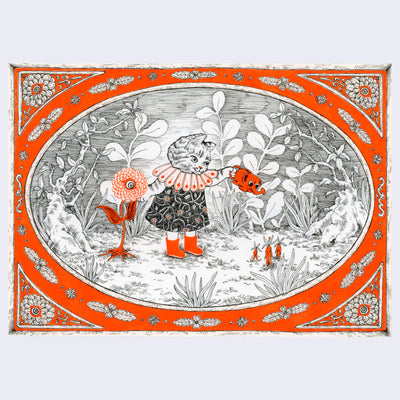 Orange, black and white illustration of a cat in a dress holding an elephant watering can and watering small daikon roots.