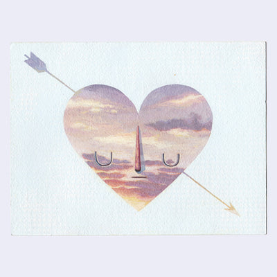 Painting of a heart shape with a clouded sunset within it. It has a simple closed eye expression and a single arrow goes through it.