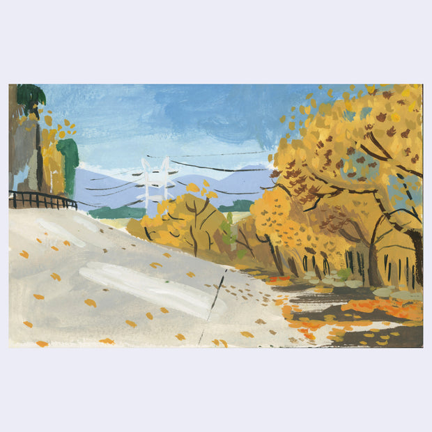 Plein air painting of a wash with large concrete sloped walls and mostly dried up water. Orange and yellow trees line the side of it and large power towers are in the distance.