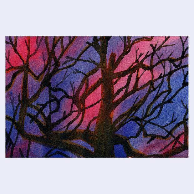 Watercolor painting of a bright purple and reddish pink sky with the silhouette of a bare branch tree in the foreground.