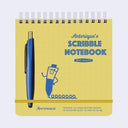 Yellow notebook with a blue pen and 'Anterique's Scribble Notebook' text on a light gray background