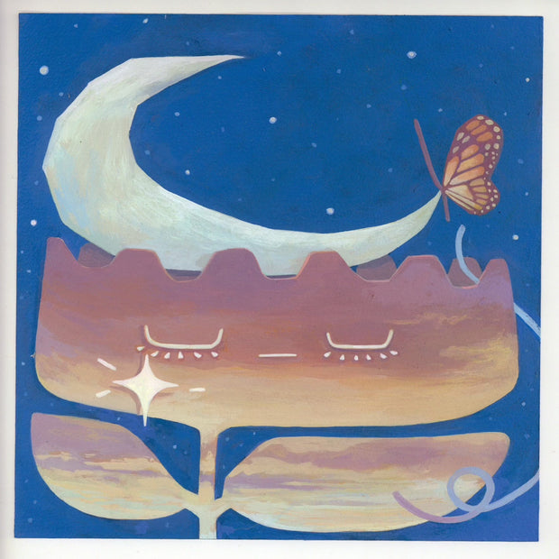 Painting of a large, wide cartoon style flower colored as a sunset gradient. It has a closed eye expression and balances a large crescent moon atop its head. A monarch butterfly sits atop the moon and the background is a blue night sky.