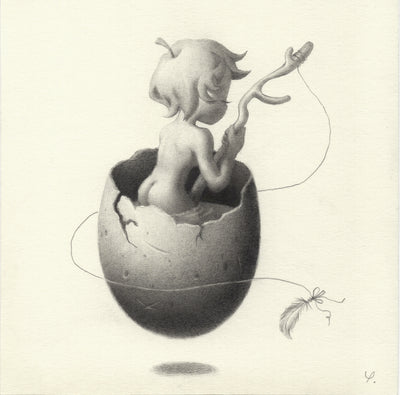 Softly rendered graphite drawing on cream colored paper of a small, nude person standing inside a cracked egg shell with water. They face away from the viewer and hold a stick fishing rod, with a feather lure.