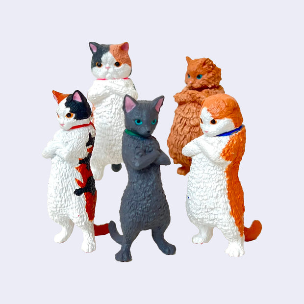 5 different plastic cat figures, all standing on their hind legs with their arms crosses and angry, sassy expressions. 