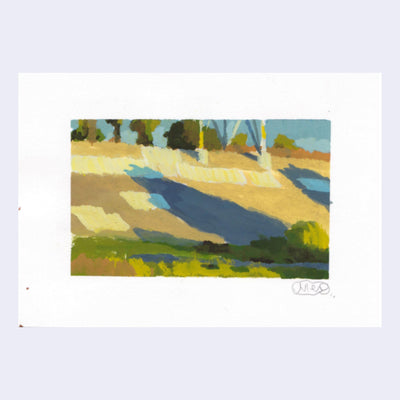 Plein air painting of a wash with tall sloping walls, with bright sunlight illuminating them. Trees cast stark blue shadows.