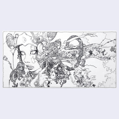 Intricate black line art illustration on horizontal white canvas. A large woman, seen only from the neck up looks to her side where a dragon with very elaborately rendered scales and whiskers floats through a hoop in the sky. Below, a small older man akin to a deity floats in the sky with one of his arms raised.