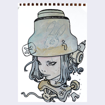 Black line art illustration of a girl visible from only the neck up. She wears a rounded square shaped metal helmet with a rabbit head visible from the inside. She has mechanical instruments around her neck. Drawing is colored in with bluish brown paint with visible brush strokes.