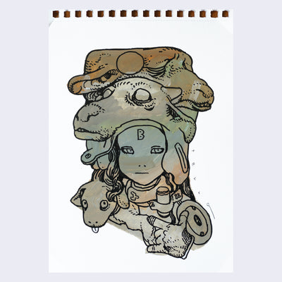  Black line art illustration of a girl visible from only the neck up.  She wears a fabric helmet with two flat camel heads atop. Hanging over her shoulder is a small lamb like animal with its eyes open and its tongue cutely stuck out. Drawing is colored in with grayish green and orange paint with visible brush strokes.