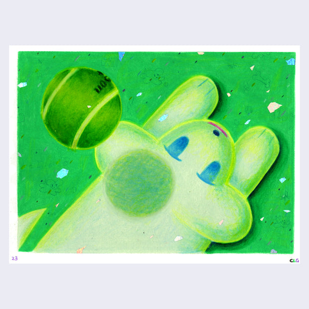 Neon green color pencil drawing of a stylized cartoon dog, looking overhead at a tennis ball flying over it, with the implied movement of catching it when it lands.