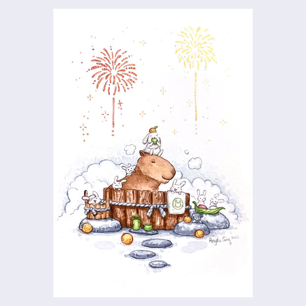 Watercolor drawing on white paper of a smiling capybara in a wooden bathtub in a snowy setting, with many small white bunnies smiling and playing nearby, with one on the capybara's head. Some orange and green fruits are around and a red and yellow firework goes off in the background. 