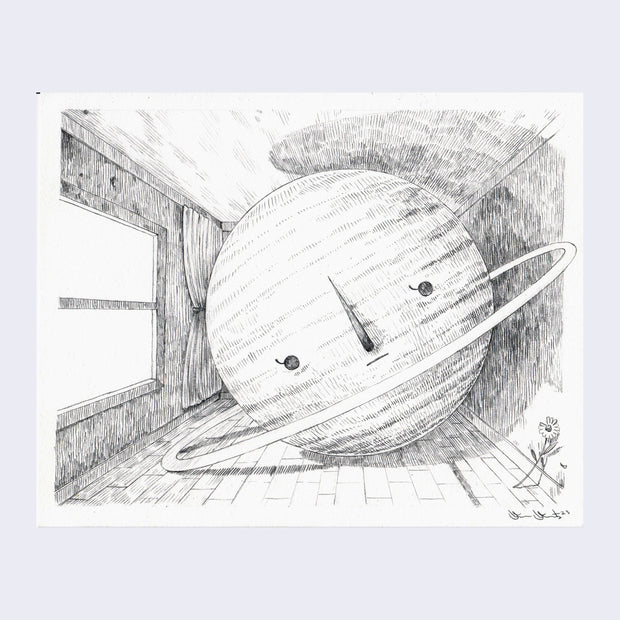 Graphite drawing on white paper of a large ringed planted with a cartoon face, in a very small room with a window. A flower leans up against the wall.