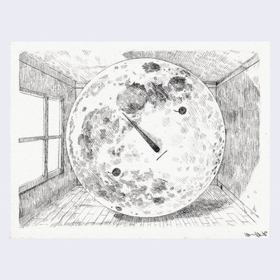 Graphite drawing on white paper of a large moon with a solemn cartoon face positioned in a very small room, with a paned window on the left.