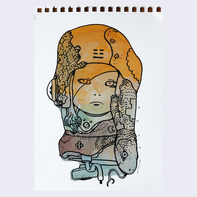  Black line art illustration of a girl visible from only the neck up.  She looks slightly to the side with a small frown, with a komodo dragon slithering out from under her helmet, with its tongue stuck out. Drawing is colored in with orange, blue and brown paint with visible brush strokes.