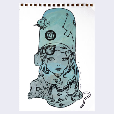 Black line art illustration of a girl visible from only the neck up. She wears a tall rounded metal helmet with a small hole that a bird peeps out of an a constellation on it. Around her neck is an inflated wrap and a small dog head peeping out. Drawing is colored with mint paint with visible brush strokes.