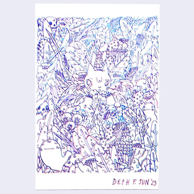 Drawing on white paper using a 3D pen, which makes both a pink and slightly offset blue line from the same stroke. A cat is hidden amongst a large amount of plants, with only its head and hands visible.