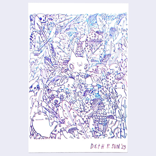Drawing on white paper using a 3D pen, which makes both a pink and slightly offset blue line from the same stroke. A cat is hidden amongst a large amount of plants, with only its head and hands visible.