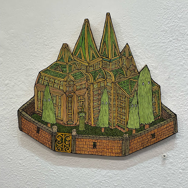 Illustrated wood cut of an elaborate gothic style house enclosed in a brick wall. 4 skinny pine trees with eyes stand in the yard. A cloaked green goblin with a pointy hat stands near the door.