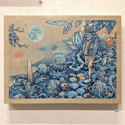 Painting on natural grain wooden panel, with much of the wood still exposed. A plant creature with a human body walks across squishy mushroom stepping stone in a body of water. Surroundings are very swamp like, with many leaves and squiggly branches all around. Colors are primarily warm blues with some subtle orange details.
