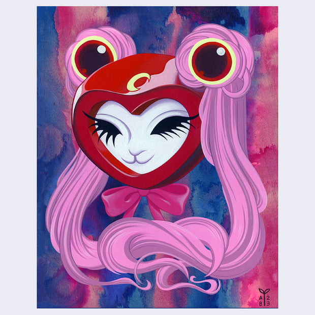 Painting with lots of pinks, purples and cool reds. A floating white bunny head with long eyelashes and closed eyes wears a red hear shaped helmet with two bun pigtails of long pink hair. Background is blue and pink textural watercolor.