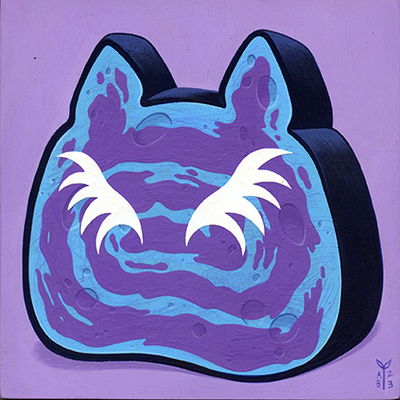 Painting on purple background of a slice of blue bread, shaped like a cat's head. The bread has purple swirls baked into the loaf and no facial features except for white fluffy eyebrows, like an old man.
