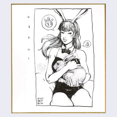Black ink drawing on gold bordered white shikishi board of a long haired woman wearing bunny ears and a tight leather one piece simplified maid outfit. She holds a bunny in her arms and looks at the viewer, seriously. Some small bunny emoticons are in speech bubbles near her, with "Usagi" written in thin font vertically. 