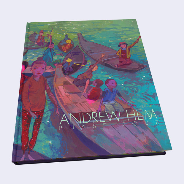 Book cover with stylized and colorful illustration of children in several boats on green blue water. "Andrew Hem Phase Four" is written in thin, all caps font.