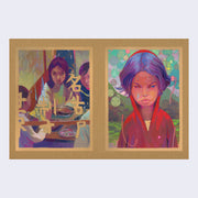 Open book spread. Left page features colorful, stylized illustration of a family eating a meal together, with the focus on the woman. Right page is a close up illustrated portrait of a young kid wearing a red pull over hoodie.