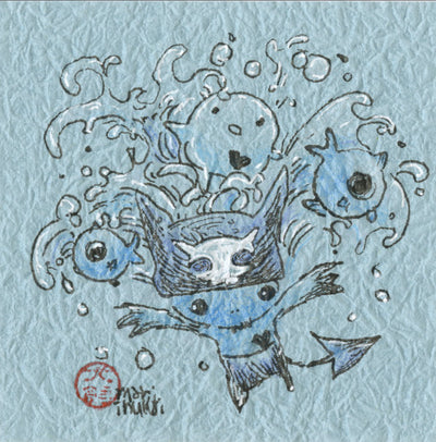 Ink and color pencil drawing on textured blue paper of a cartoon style creature splashing with other fish and creatures, creating water ripples.