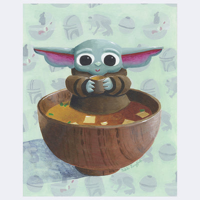 Illustration of baby Yoda sitting in a wooden bowl of miso soup.