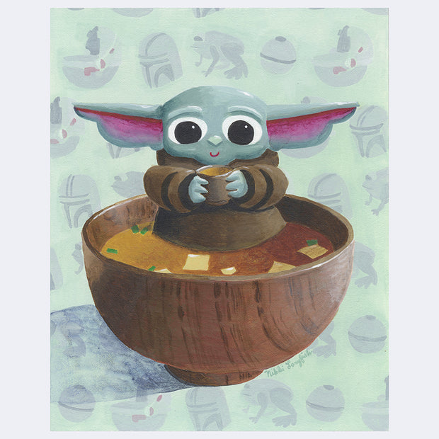 Illustration of baby Yoda sitting in a wooden bowl of miso soup.