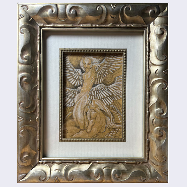 "Bird and Snake" in a thick, ornate golden frame with a white framing mat and gold detailing. For description of the art piece, please refer to last image's alt text.