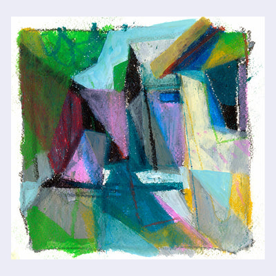 Colorful abstract pastel drawing of the side of 2 houses.