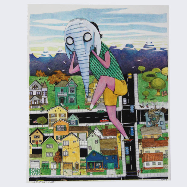 Finely detailed color pencil illustration of a large child with an elephant mask, stomping through a colorful suburban city under its feet. A purple mountain range with thin clouds is in the background.