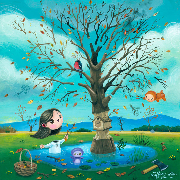 Colorful painting of a dismembered barren tree with a cuckoo clock carved out the middle of the trunk. Its submerged in a shallow pond in a flat plains landscape. A smiling girl whose head is floating off of her body holds up a branch to the tree.