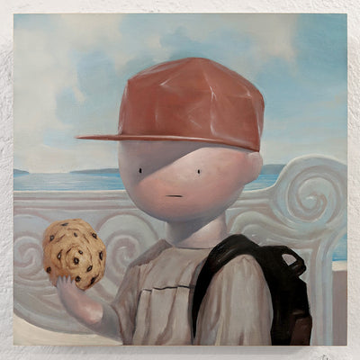 Painting of a stylized pink boy with a round head, wearing a red cap. He wears a backpack and holds a large cookie.
