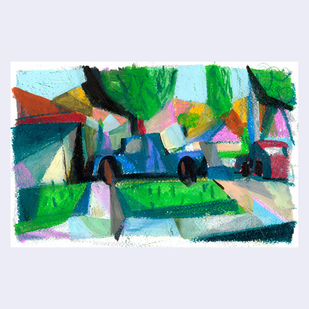 Colorful semi abstract pastel drawing of a neighborhood with a blue car in the driveway.