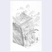 Fine detail pencil illustration of a 3D rectangle holding an ecosytem with whale, mountains and fossils.