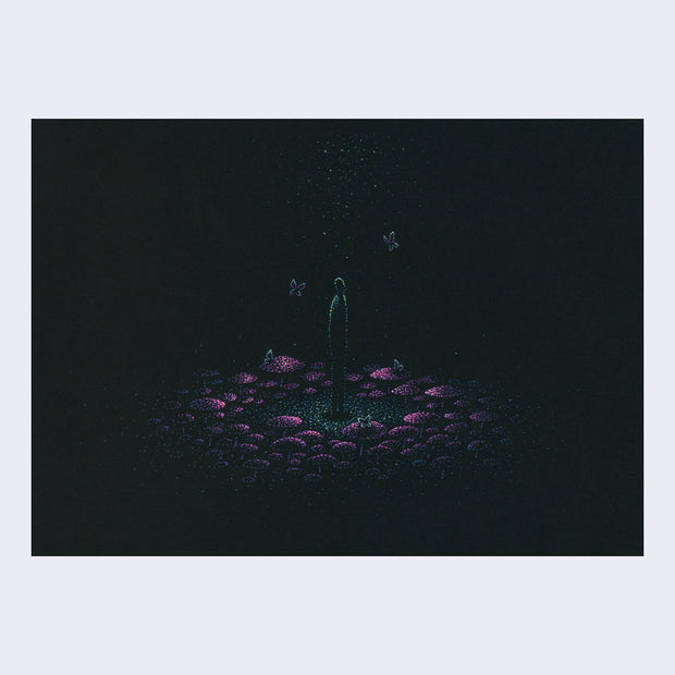 Pointillism style illustration on black paper. An outlined silhouette figure stands in a circle of pink mushrooms, looking up at a subtle ray of light with two butterflies flying nearby.