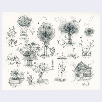 Graphite drawing on cream colored paper of many doodles placed next to one another. Thematics include trees, birds, cartoon characters and animals and a house.