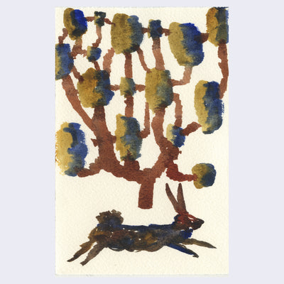 Scumble style watercolor painting on cream colored paper of a deep brown and blue rabbit, mid leap. Above is a simplistic tree with many branches and connected tufts of greenery with blue shadows.