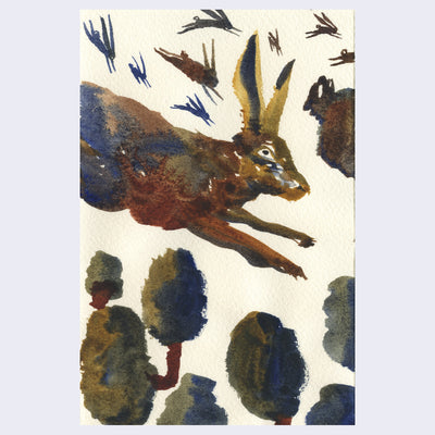 Scumble style watercolor painting on cream paper of a large brown and blue rabbit leaping over a small network of abstractly rounded trees. Above the rabbit are many smaller rabbit jumping in a similar leaping stride.