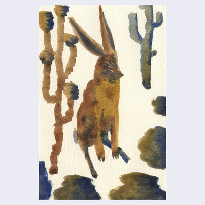 Scumble style watercolor painting on cream colored paper of a brown rabbit with a skeptical expression, sitting on its hind legs with its front legs slightly raised off the ground. It is surrounded by abstract desert foliage.