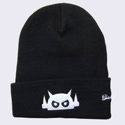 A black knit cap with robot head stitched on cuff in white thread.