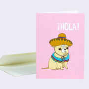 Pink greeting card with an illustration of a grumpy looking chihuahua with a small poncho and sombrero. "Hola" is written along the top.