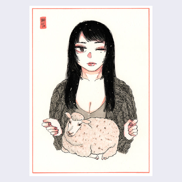 Illustration of a woman, seen only from the mid section up, with long straight hair and a low cut top, wearing a knit sweater. A lamb is laying down in front of her stomach.