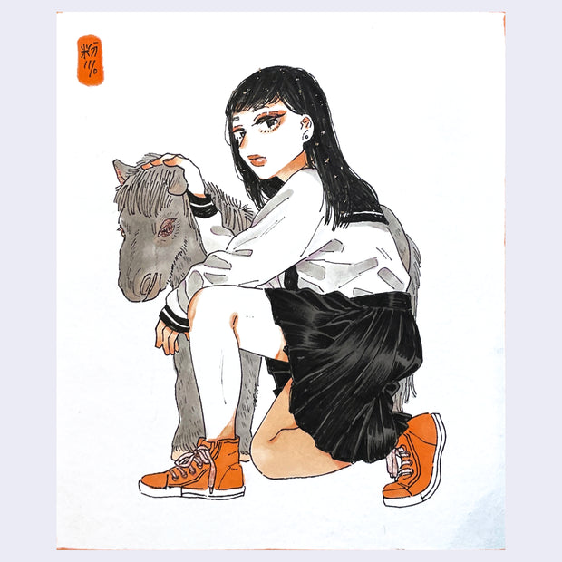 Illustration of a woman in a classic school girl outfit, kneeling on one leg while stroking a gray miniature pony.