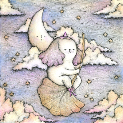 Pastel colored illustration of a dog riding atop of a gingko leaf, background is a cloudy sky with a crescent moon.