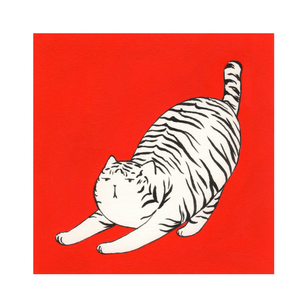 Illustration of a white tiger, chubby with a simple cartoon face stretching out. Background is solid red.
