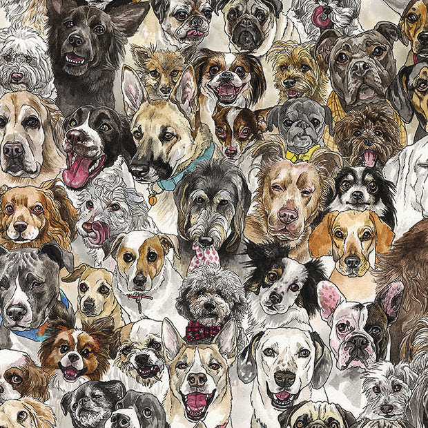 Close up of pattern style illustration, full surface print covered in different close up illustrations of dogs. Almost every dog is a different breed.