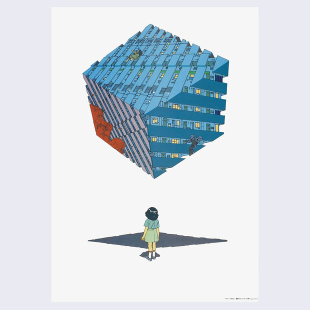 White poster with a little girl in a skirt facing away and looking up at a large floating cube. The cube has a series of apartments wrapped around it, with two figures falling from it.